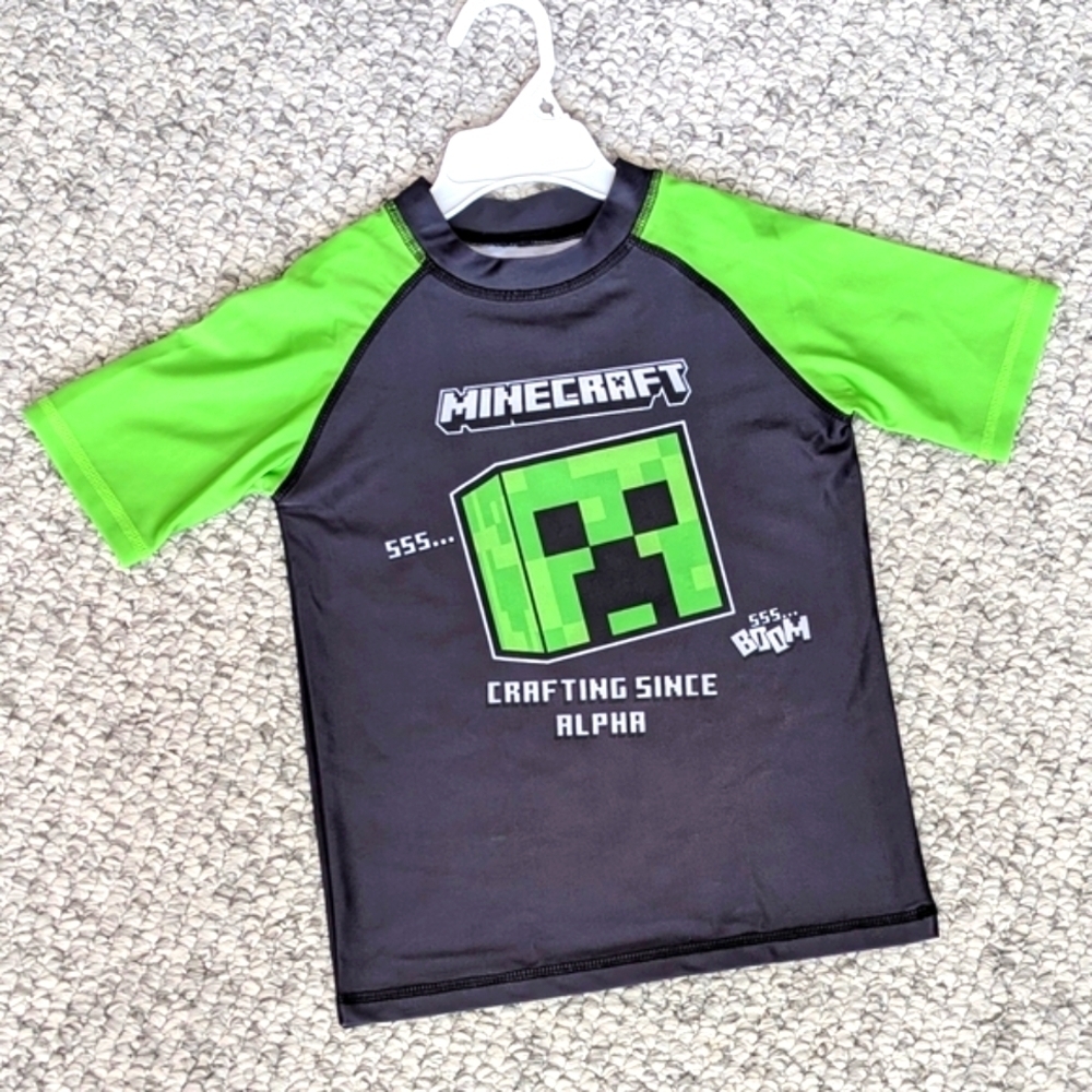 NWT Minecraft Kids (XS/4-5) UPF 50 Rashguard Beach Pool Sun Swim Shirt/Top